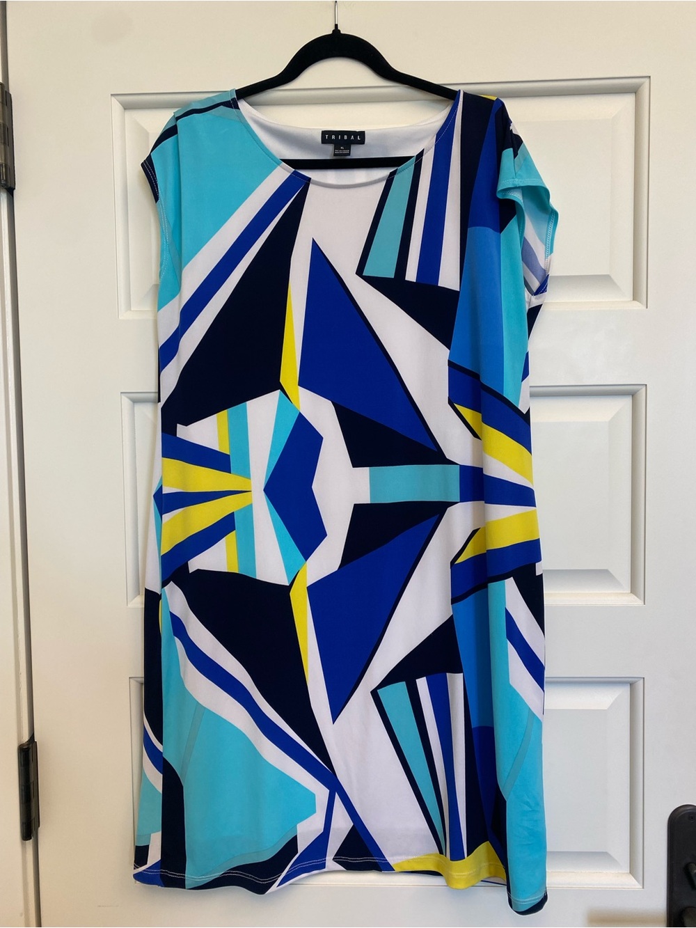 Tribal Blue Geometric Midi Dress with Yellow Accents
